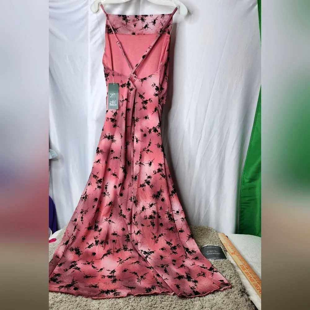 Women's Flocked Mesh Midi Slip Dress-Wild Fable Pink/Black Floral CrissCross XXL